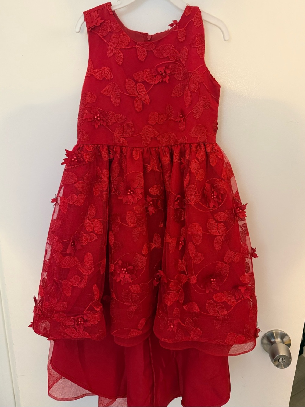 Red Floral Appliqué Girls' Party Dress